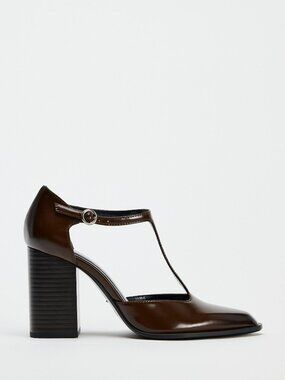 NWT Zara 6.5W T-Strap Oxblood Leather Block Heels